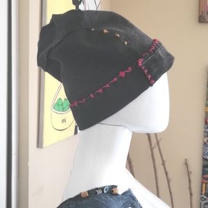 Funky sloppy black denim hat,red and gold embroidery, button,slightly faded